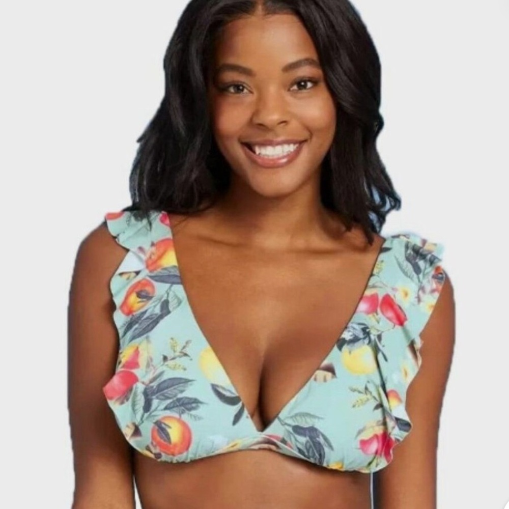 NWOT KONA SOL SOFT RUFFLE TROPICAL FRUIT PRINT BRALETTE BIKINI TOP